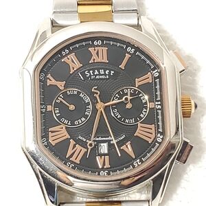 Vintage Stauer Automatic Men's Watch 27 Jewels Rose Gold Tone Black Dial S Steel
